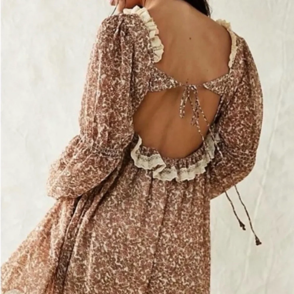 Free People Brown Floral Long Sleeve Ruffle Dress - Picture 2 of 6